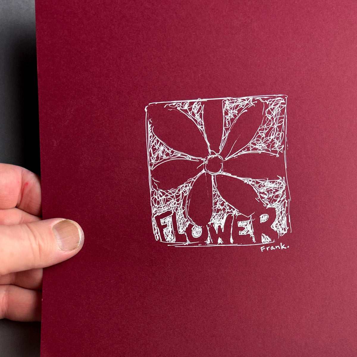 Flower White Ink Drawing on Dark Red