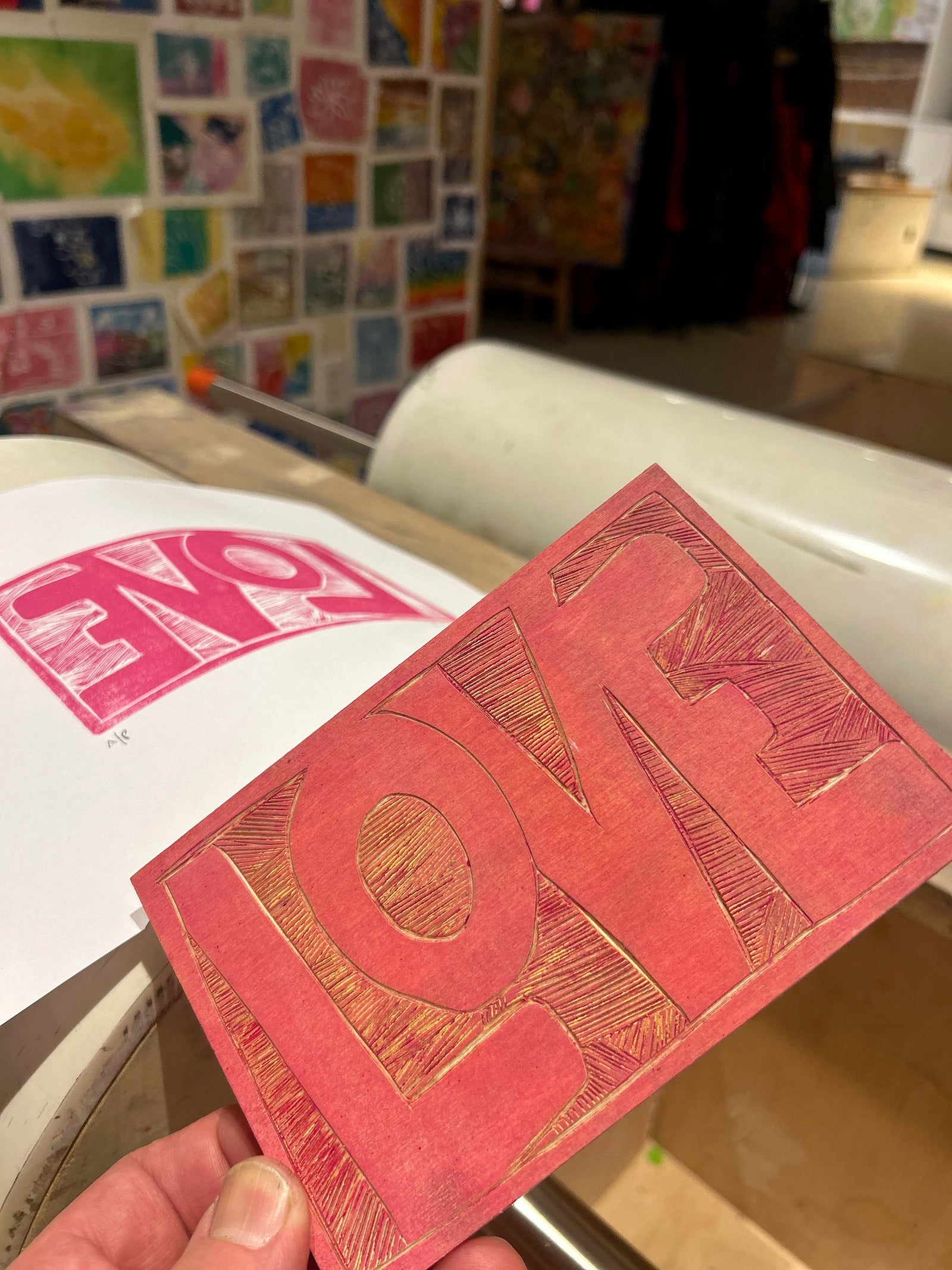 “Love” (Backwards) Woodblock Print