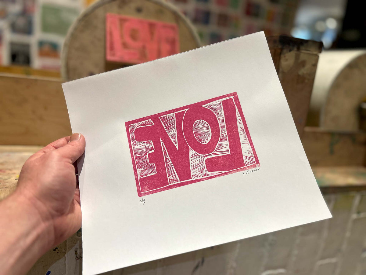 “Love” (Backwards) Woodblock Print